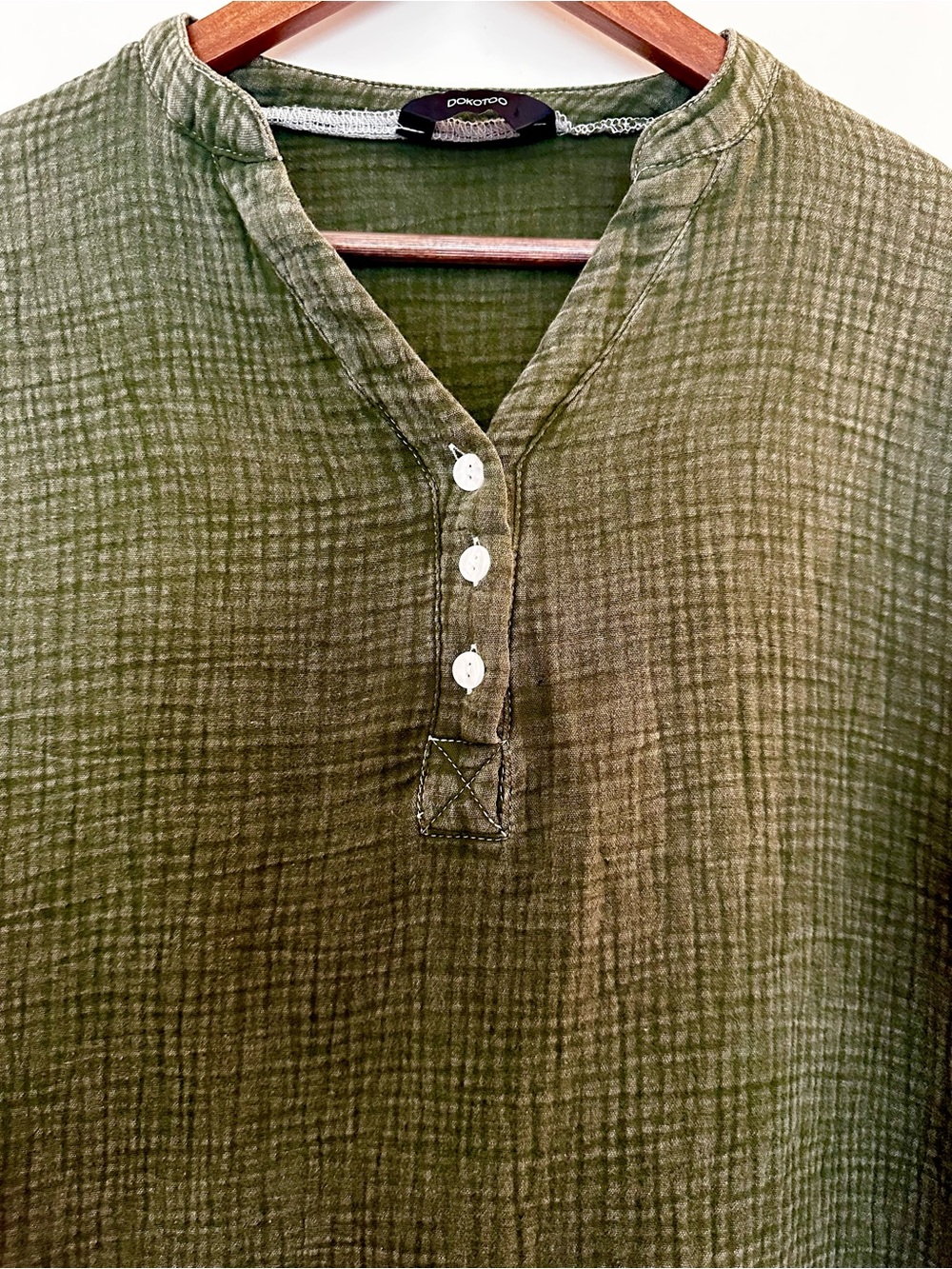 Dokotoo Olive Green 100% Cotton Muslin Henley Long Sleeve Fall Small - Picture 2 of 6